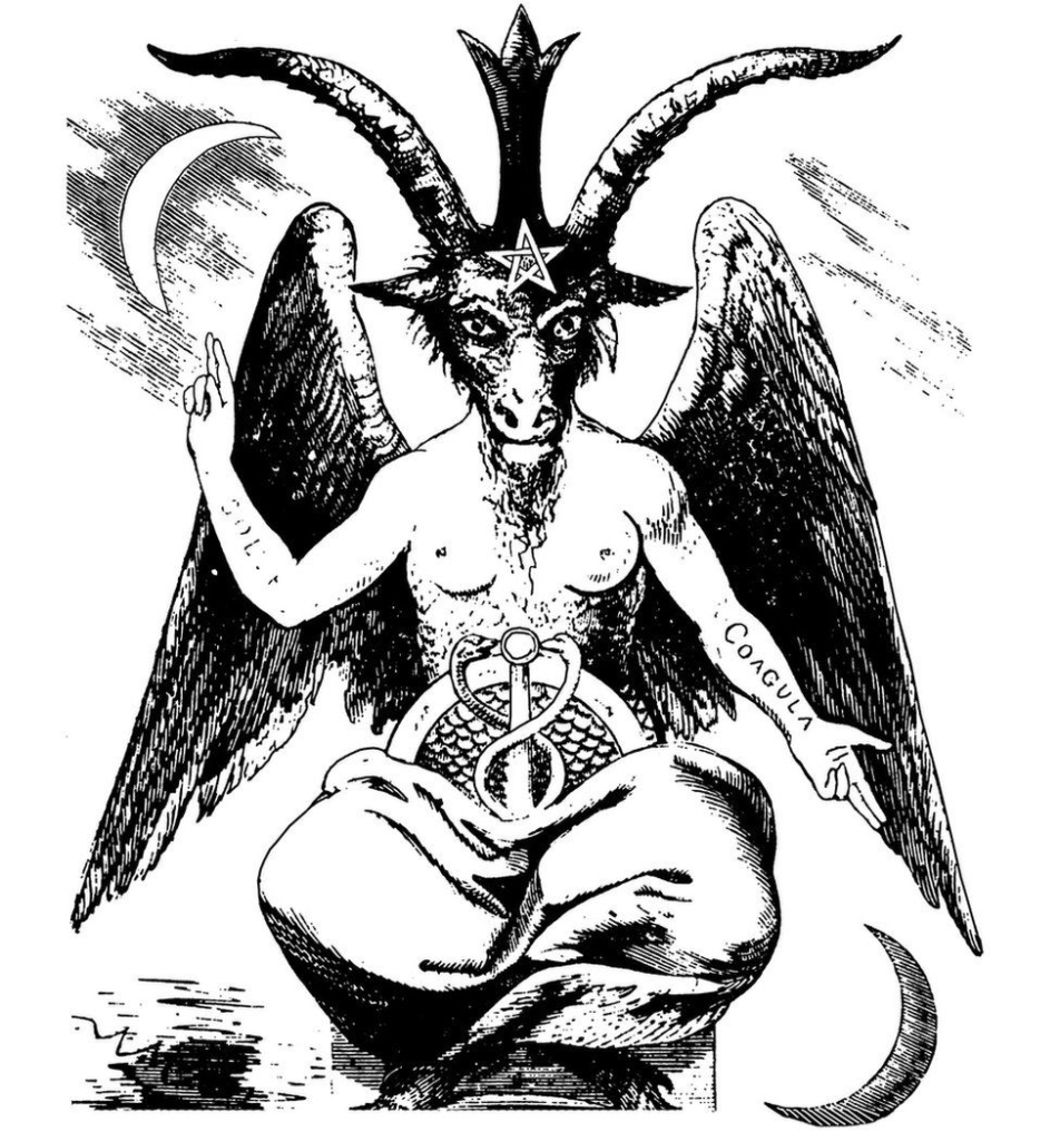 Eliphas Levi's Baphomet. A Goat man with a light between his horns. He has women's breasts and a caduceus wand for a penis. Two wings pertrude from his back. His right hand is held up with two fingers pointing up towards a white crescent moon. His left points two fingers down toward a dark crescent moon. On his arms reads Solve on the right and Coagula on the left. On his brow is the pentagram.